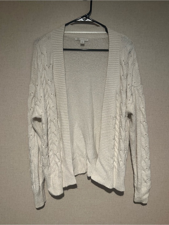 Cato Sweaters - Cato XL Ivory Open Cable-Knit Cardigan with Bead Accents